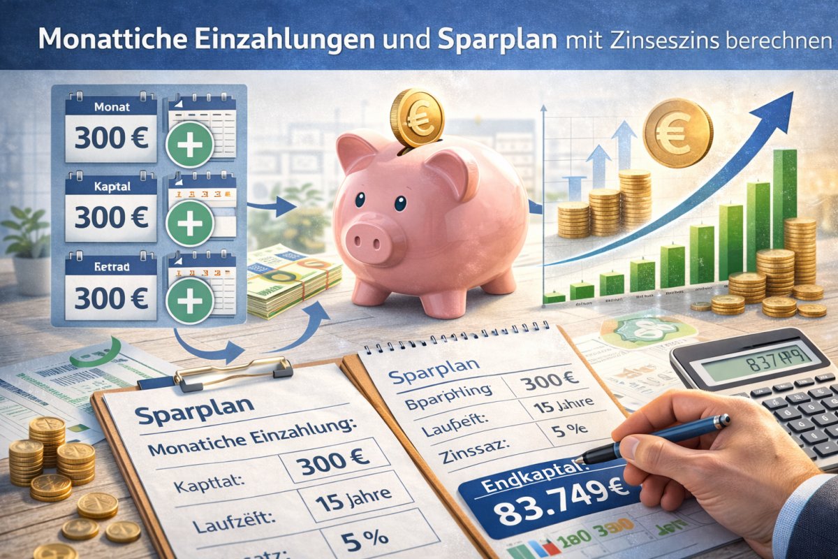 Monatliche Einzahlungen und Sparplan mit Zinseszins berechnen Monatliche Einzahlungen und Sparplan mit Zinseszins berechnen